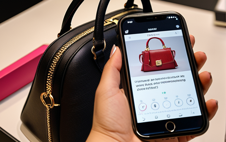 **Luxury Handbag Authentication:** A close-up photo showcasing a stylish luxury handbag being scanned with a smartphone. The phone displays information about the bag's authenticity and origin, verified by an NFT. Focus on conveying trust and security.