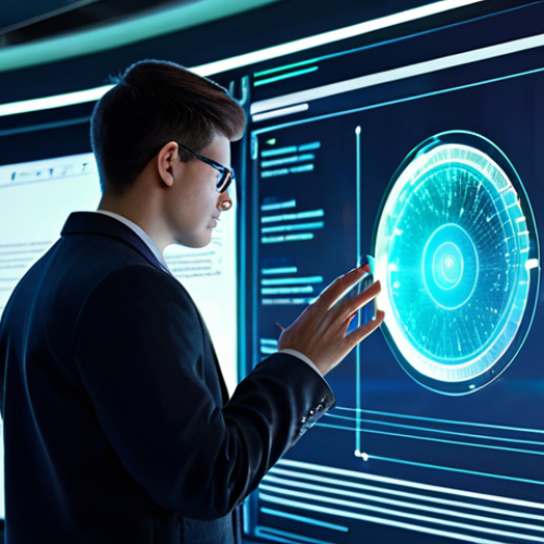 A focused young adult student, fully clothed in modern professional attire, interacting with a holographic display in a futuristic, clean digital learning environment. The display shows various glowing, unique digital certificates (NFTs) representing acquired knowledge and skills. The student has a look of ownership and engagement. The background features abstract data streams and subtle educational motifs. safe for work, appropriate content, fully clothed, professional, perfect anatomy, correct proportions, natural pose, well-formed hands, proper finger count, natural body proportions, high quality digital art, concept art, vibrant colors, sharp focus.