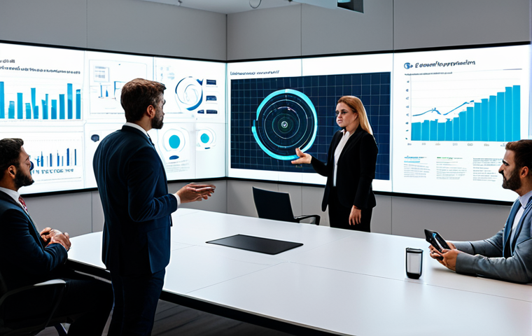 A diverse group of individuals in a modern, collaborative workspace, engaged in a discussion around a large, interactive holographic display showcasing various digital assets and charts. They are gesturing towards the screen, indicating active participation and decision-making. The atmosphere is innovative and forward-thinking, emphasizing the concept of token-gated communities and co-creation. The subjects are fully clothed in professional business attire, appropriate content, safe for work, perfect anatomy, correct proportions, natural pose, well-formed hands, proper finger count, natural body proportions, high-quality professional photography.